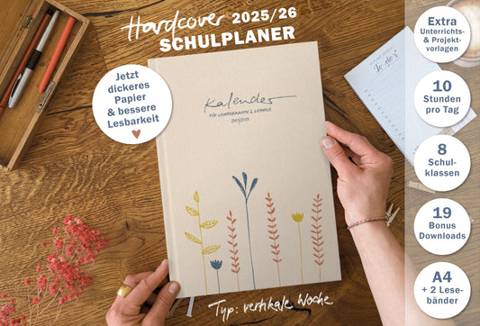 One of the Good Teacher Planners 2025-2026, A4 size, 1 double page per week, academic calendar for school year 25/26, Cream Beige with Flowers, sustainable & climate-neutral.