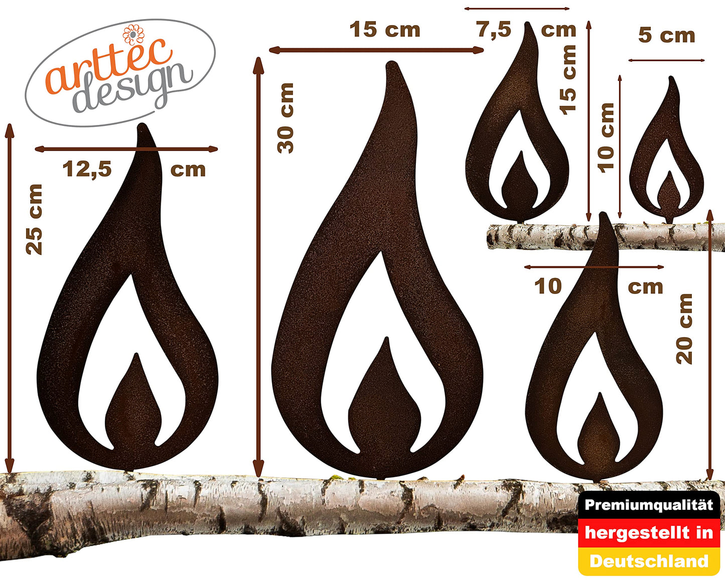 ARTTEC Flame Candle (Rustic Decoration) (Set of 5) - high-quality metal garden decoration- Rustic decor for garden, balcony & terrace- Metal decoration for standing- Made in Germany