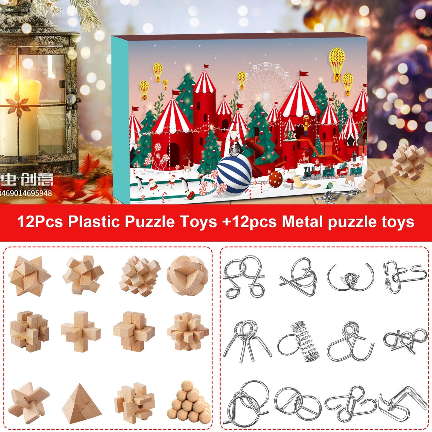 Advent Calendar 2024 Puzzle, 24 Day Christmas Countdown Calendar Puzzle with Metal Brain Teaser for Kids and Adults Challenge (Wooden)