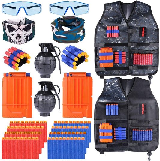 INNOCHEER Tactical Vest 2 Pack for Kids, Tactical Jacket Kit with 80 Darts, 2 Goggles, 2 Quick Reload Clips, 2 Masks, and 2 Wristbands.