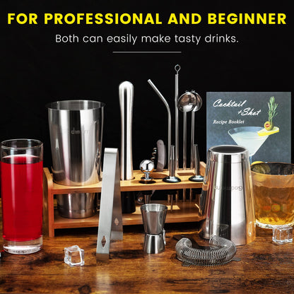 Boston Cocktail Shaker Set, 16 Stainless Steel Cocktail Set, Professional Cocktail Mix Set, 600/450ML Cocktail Shaker with Bar Accessories Bartender Set with Bamboo Stand for Home Bar Gift Set