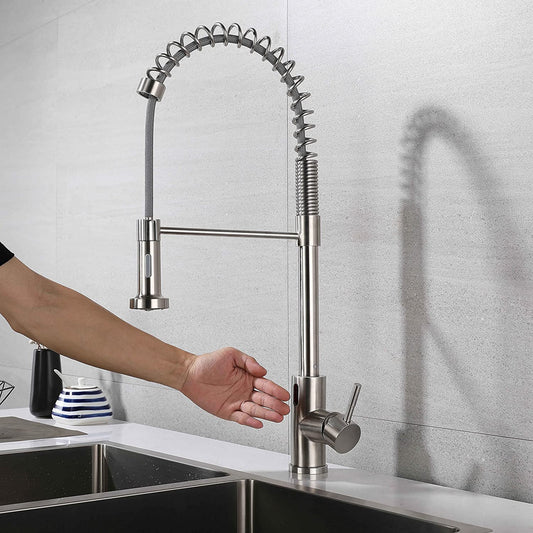 Touchless kitchen sink faucet with pull down spring, automatic sensor mixer in brushed nickel stainless steel.