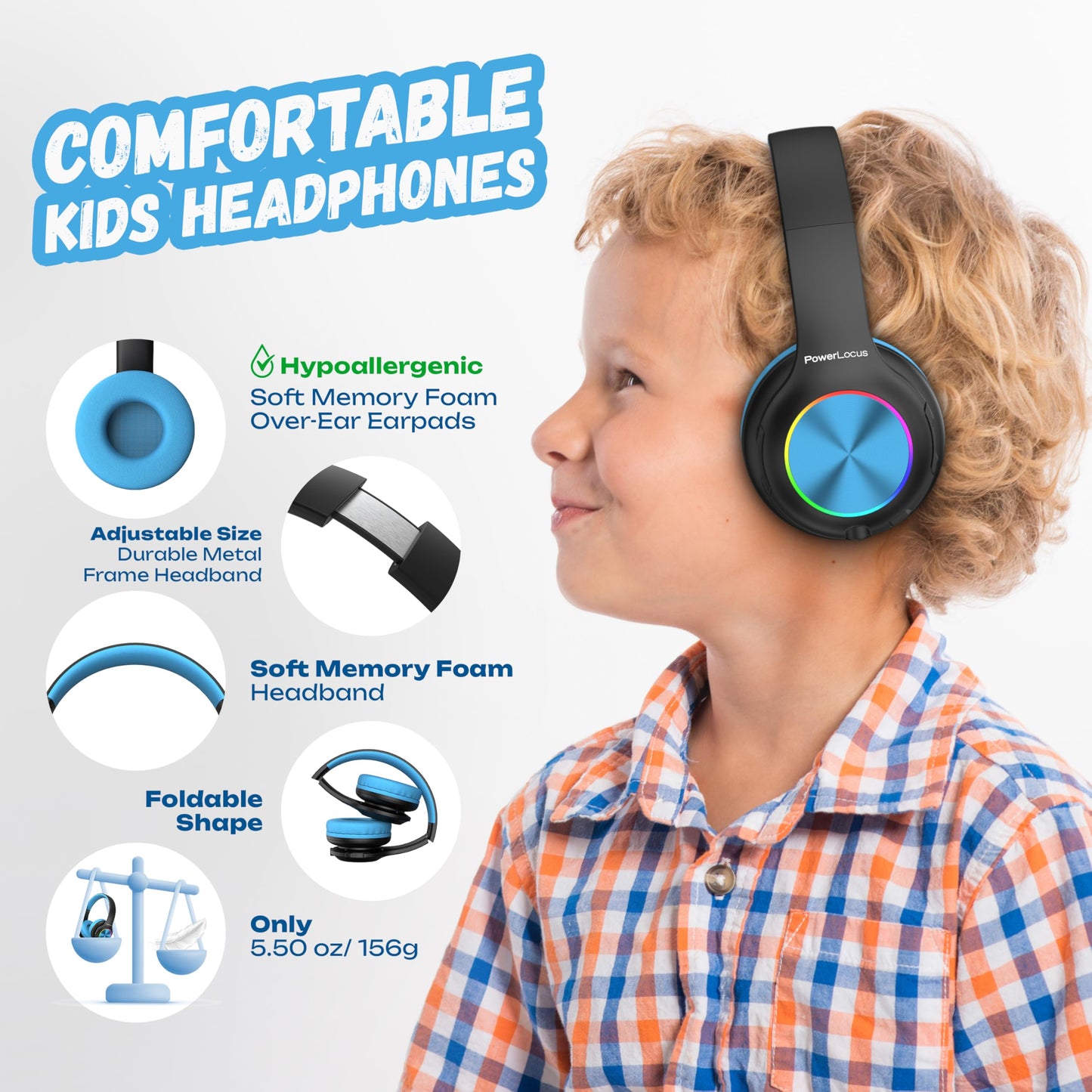 Kids Bluetooth headphones, PowerLocus kids wireless headphones with LED lights, 74/85/94dB volume limiter, foldable headset, HD stereo, micro SD, built-in microphone for school/laptop/phone/TV.