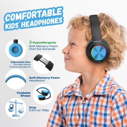 Kids Bluetooth headphones, PowerLocus kids wireless headphones with LED lights, 74/85/94dB volume limiter, foldable headset, HD stereo, micro SD, built-in microphone for school/laptop/phone/TV.