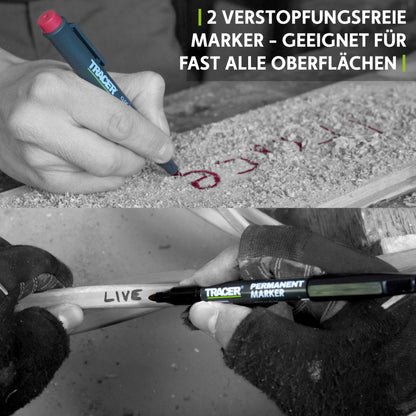 Tracer Marking Kit - Deep Hole Carpenter Pencil, Replacement Leads x 6, and 2 non-clogging markers with holster.