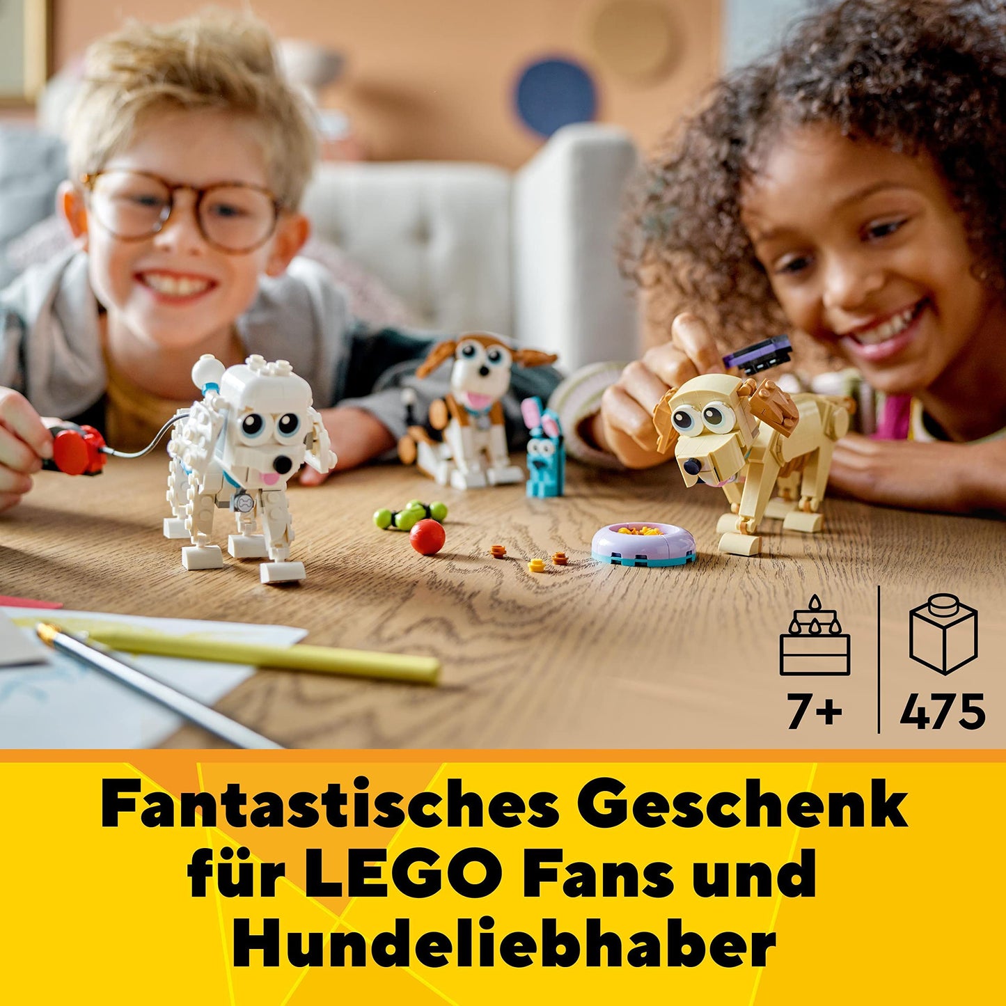 LEGO 31137 Creator 3in1 Cute Dogs Set with dachshund, pug, poodle figures and more, toy for kids 7+, gift for dog lovers.