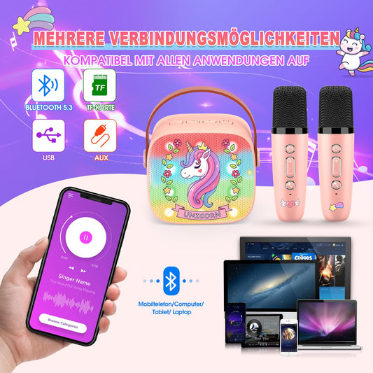 Disco light Karaoke Machine with 2 Bluetooth microphones for kids, unicorn gift for girls 3-12 years old. Portable karaoke microphone toy for kids aged 3-12, girls gift microphone for kids.