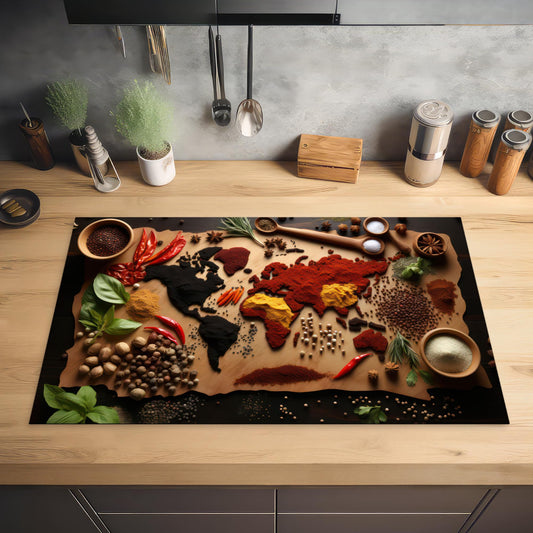 KitchenYeah© Induction stove cover protection mat kitchen stove cover induction mat ceramic hob cover herbs - spices - world map - brown - spoon - kitchen - 83x51 cm