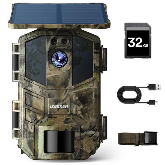 iZEEKER Trail Camera Solar, 4K 48MP Trail Camera with Motion Sensor Night Vision, IP66 Waterproof, 0.1s Trigger Time, Built-in High Capacity Lithium Battery for Wildlife Monitoring with 32GB SD Card.