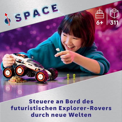 LEGO City Space Rover with Aliens, Car set with robot and alien toy figures, birthday gift for boys and girls ages 6+, includes 2 minifigures and planet backdrop 60431