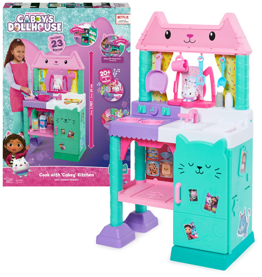Gabby's Dollhouse, Cakey's Lifesize Kitchen, role play kitchen with sound effects, play kitchen accessories, and toy food, suitable for children aged 3 and up.