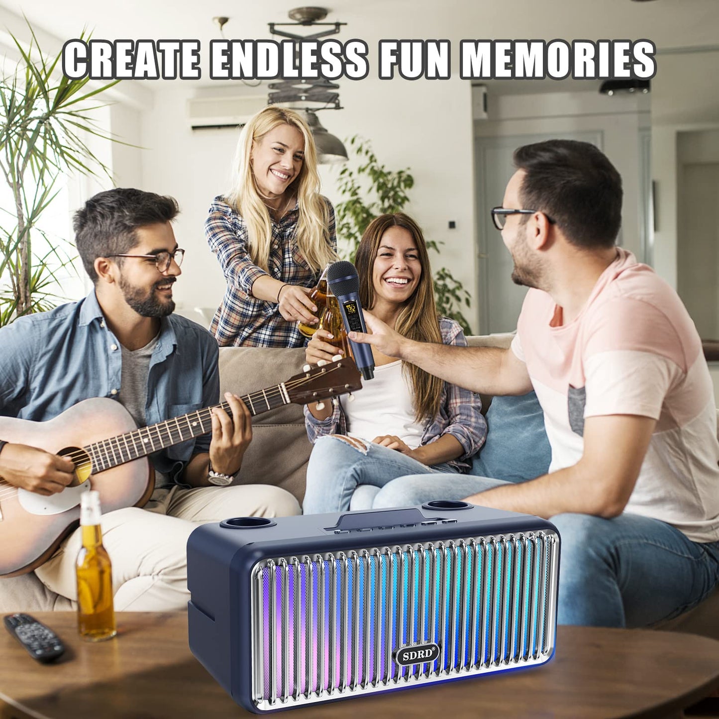 Karaoke machine for adults and kids, portable Bluetooth speakers with 2 UHF wireless microphones. Karaoke speaker PA system with LED lights for outdoor/indoor-Blue.
