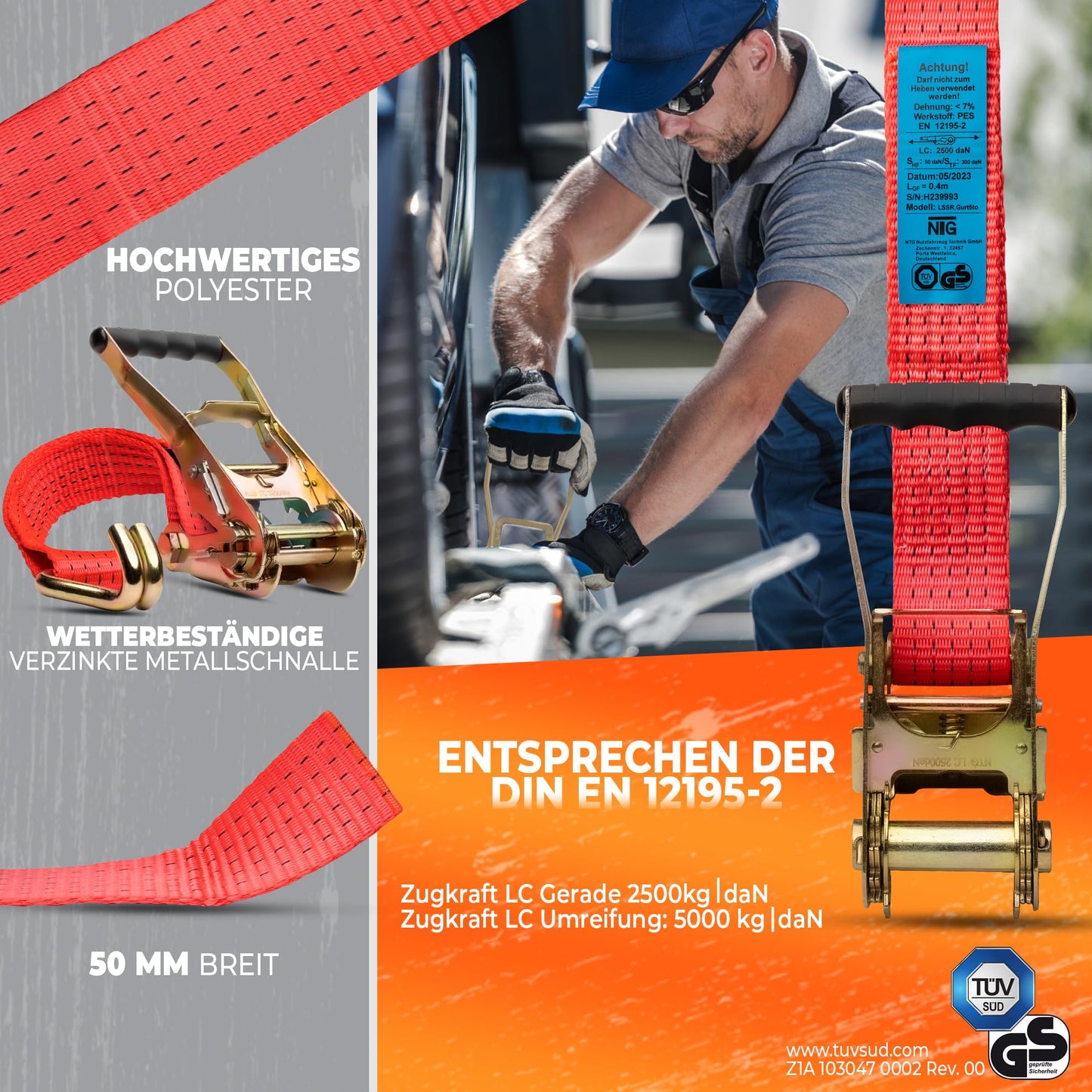 2 pieces | Lashing Straps | 6m | 5t (2500/5000 daN, kg) Weatherproof & robust ratchet straps | TÜV/GS certified | Two-piece | 50mm | with ratchet and hooks
