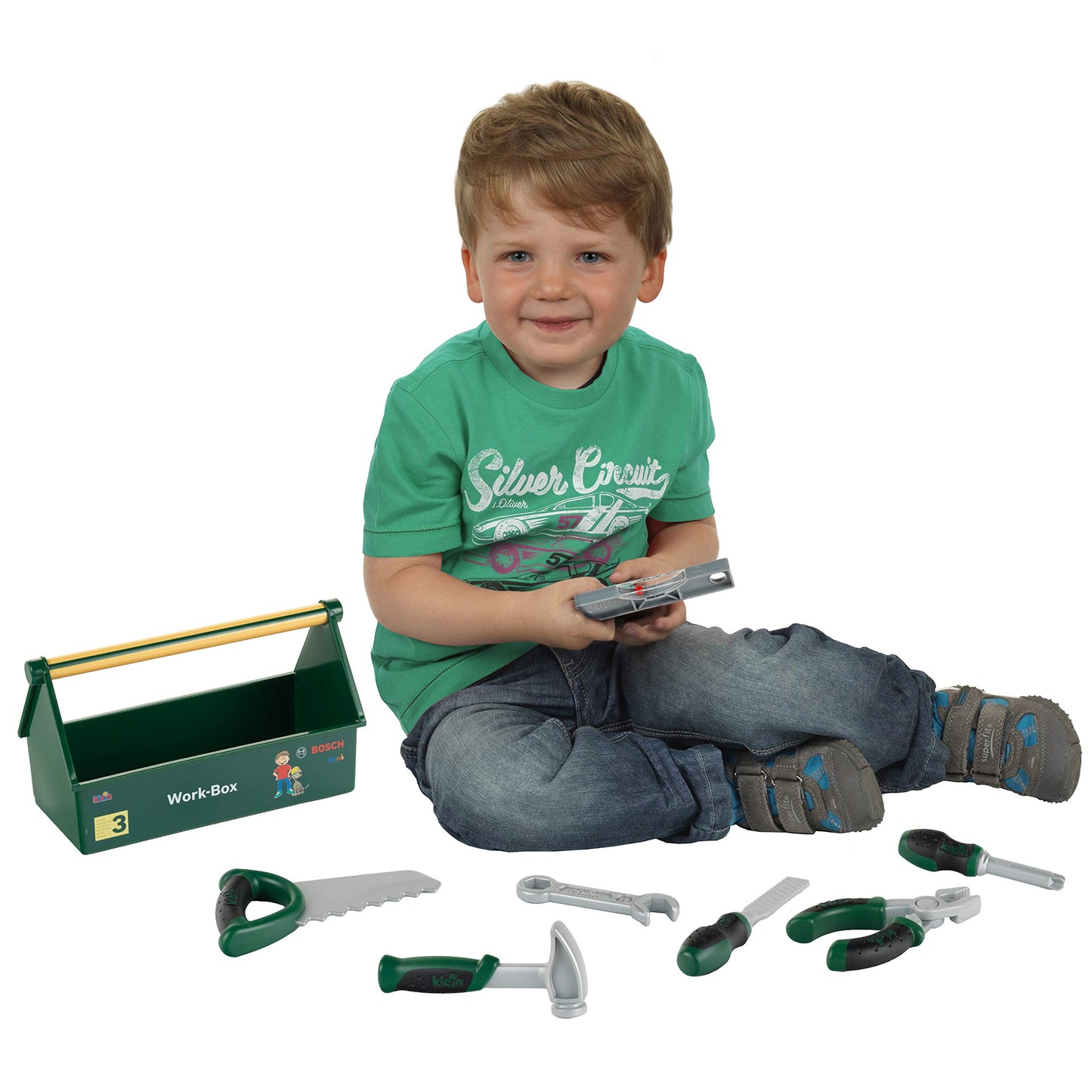 Theo Klein 8573 Bosch Tool Box with 7-Piece Tool Set, sturdy box with handle 30.25 x 14 x 17.25 cm & Bosch Craftsman Helmet in yellow, toy helmet in craftsman look 25.8 x 19.5 x 11 cm