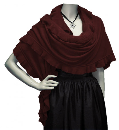 Poncho cape traditional scarf cloak shawl trachten cloth women's knitted poncho traditional knit cape knitted wrap ruffles scarf cashmink, color: dark red