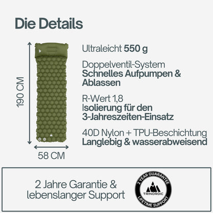 TRINORDIC 550g Ultralight Inflatable Sleeping Pad - With Inflatable Pillow - Camping Mattress with Small Pack Size for Outdoor, Camping, Hiking & Bikepacking