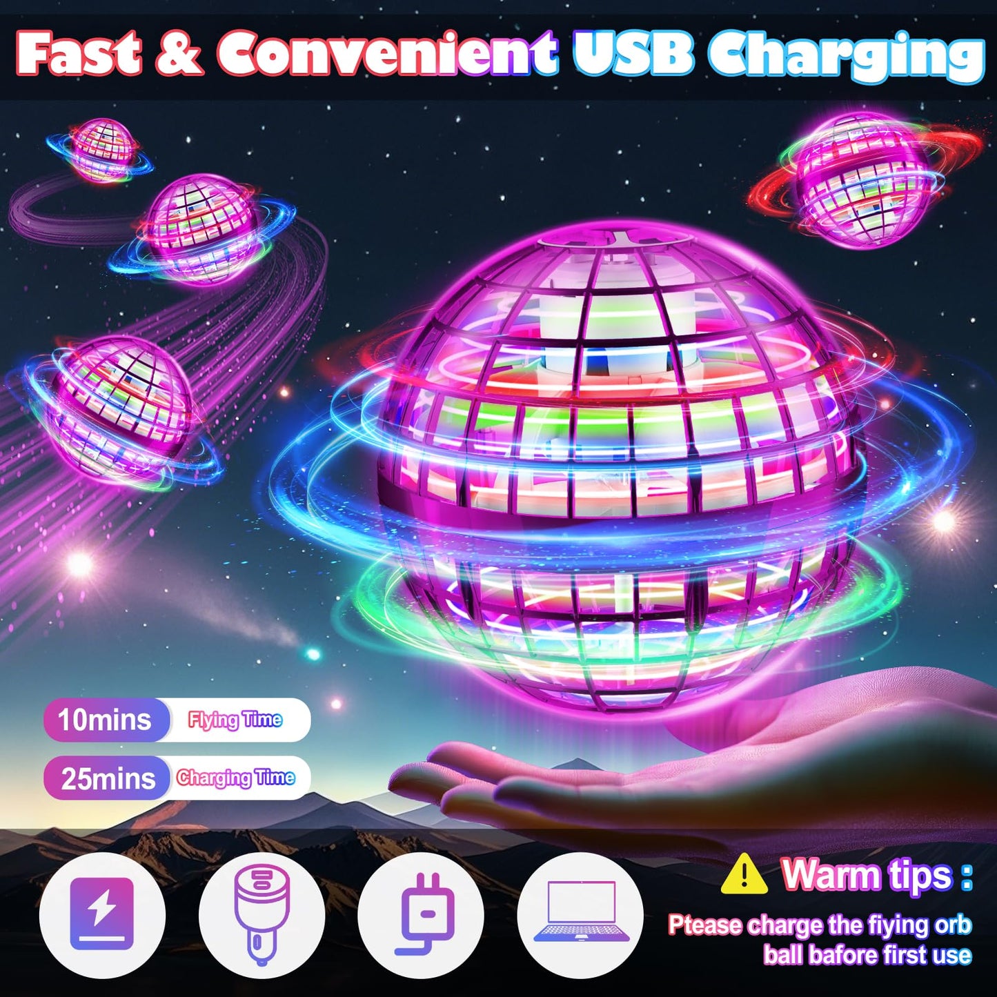 ANOEPUY Flying Ball, Orbi Ball with RGB Light, Kids Flying Ball, Fly Spinning Ball, Decompression Plane Gifts for Kids (Purple)