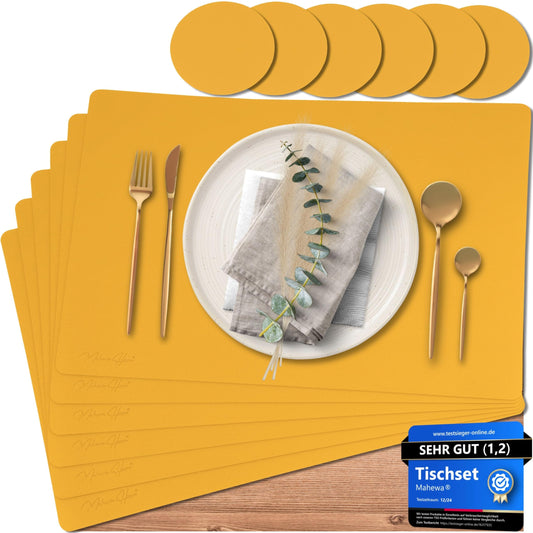 Mahewa® 6-piece Premium Faux Leather Placemat Set - Waterproof and Washable Place Mat Coasters in Leather Look (Mustard Yellow, Square)