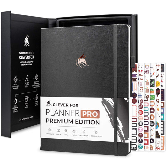 Clever Fox Planner PRO Premium Edition - Luxurious weekly and monthly planner + budget planner for productivity and goal achievement, undated, storage box, lasts for 1 year, Silver Black