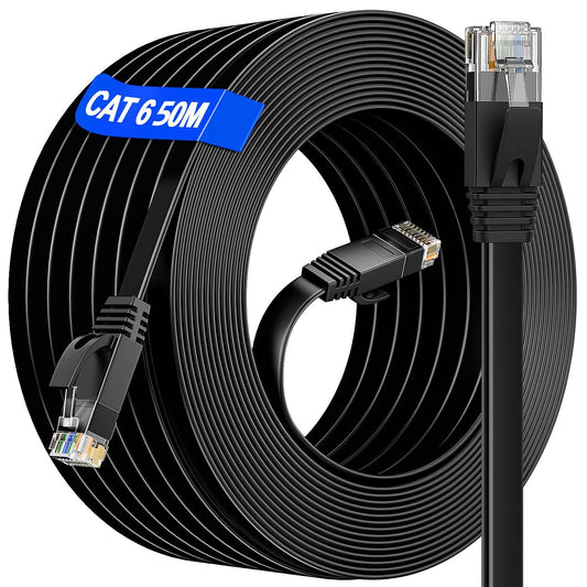 50 meter Black LAN Cable, 50m Cat 6 Network Cable for Indoor and Outdoor Use. Supports Gigabit Ethernet at speeds of 10, 100, and 1000Mbits. RJ45 Patch cable for Router, Switch, PS4/5 with 50 clips included.