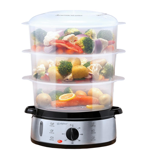 Alpina steamer - steam engine 230V/800W - 3 layer pot - BPA free - steam pot dishwasher safe - ready for use in 0 to 60 minutes - 9 liter capacity - plastic/stainless steel - gray