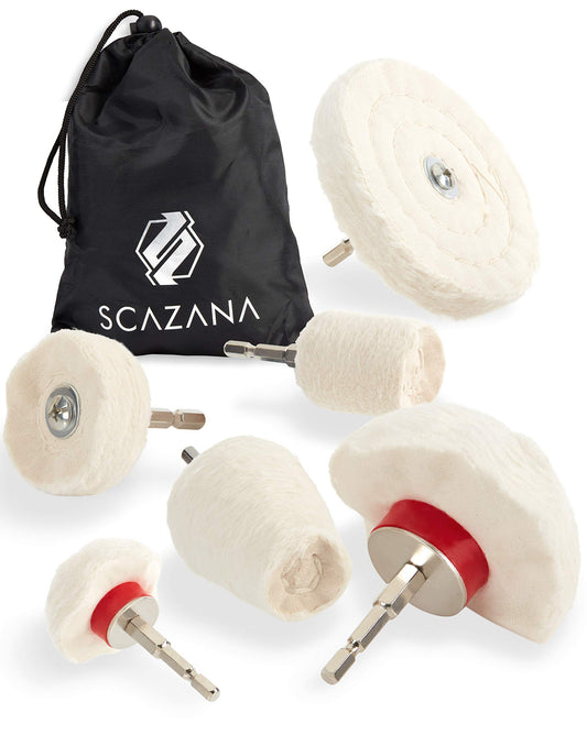 SCAZANA® polish attachment for cordless drill - Includes high-quality hex shank - Gentle polishing pads for drill machine - 6-piece polishing attachment with convenient storage bag.