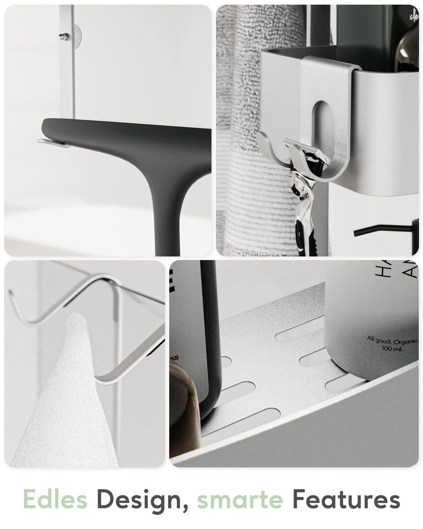 QUALISH® hanging shower caddy - shower shelf to hang on the shower wall - hanging shower basket with glass protection and additional hooks - hanging shower caddy without drilling - silver metallic