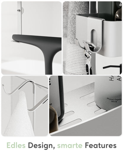 QUALISH® hanging shower caddy - shower shelf to hang on the shower wall - hanging shower basket with glass protection and additional hooks - hanging shower caddy without drilling - silver metallic