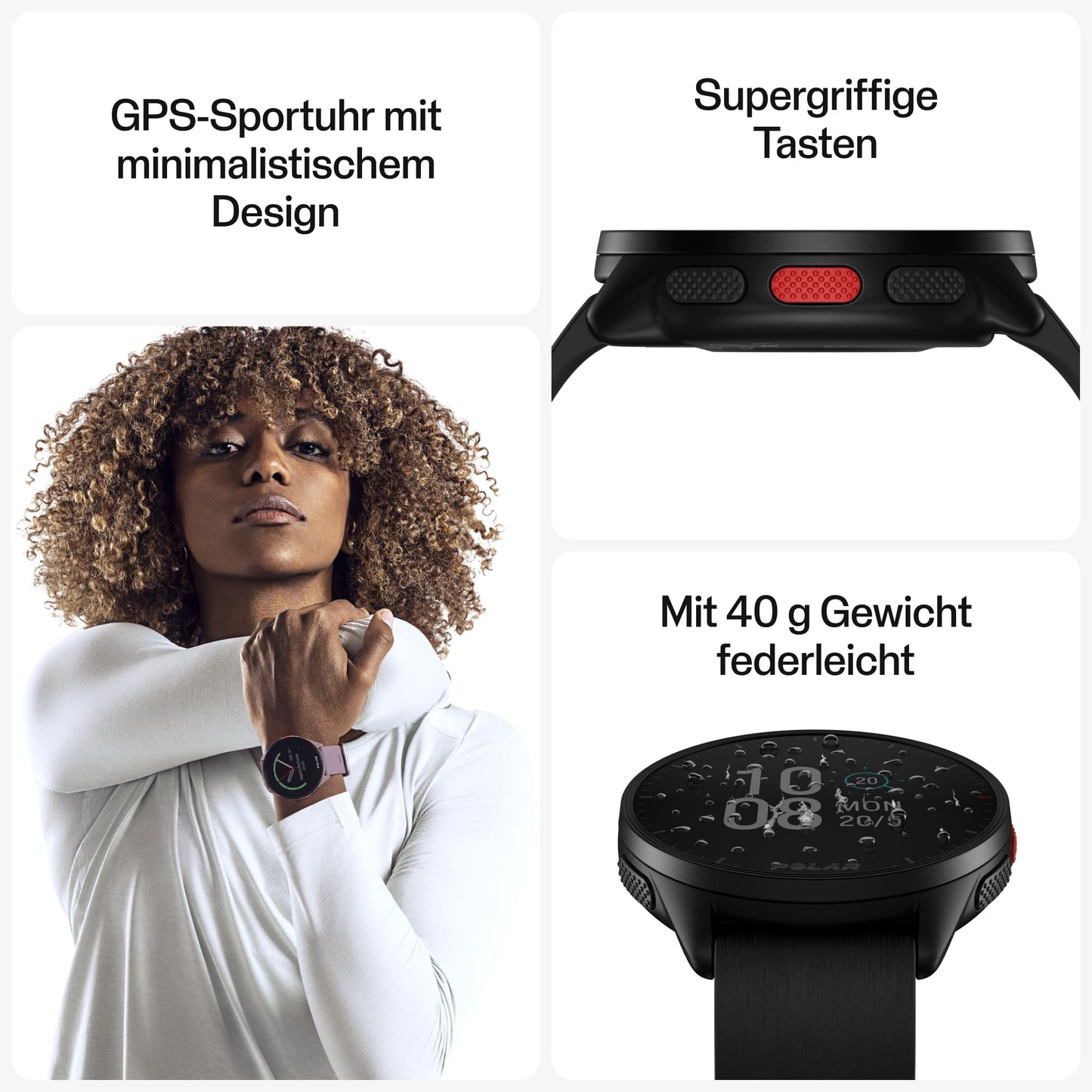 Polar Pacer - GPS running watch - very fast processor - ultralight - bright display - tactile buttons - personalized - heart rate monitor - music control, Night Black, S-L