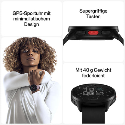Polar Pacer - GPS running watch - very fast processor - ultralight - bright display - tactile buttons - personalized - heart rate monitor - music control, Night Black, S-L
