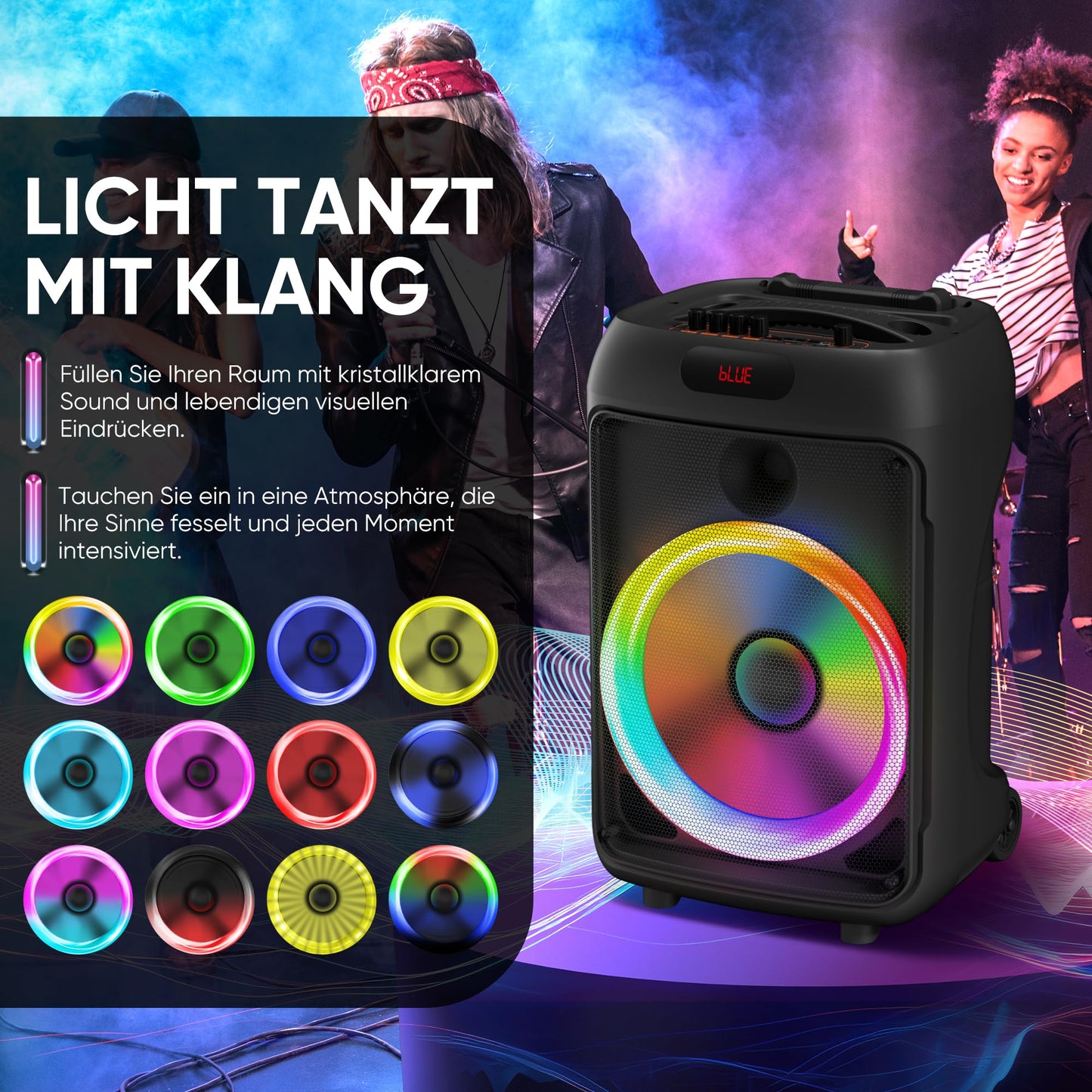 Karaoke machine with 2 wireless microphones, portable Bluetooth speaker, LED lights, PA system, supports recording/FM/AUX/USB/TF.