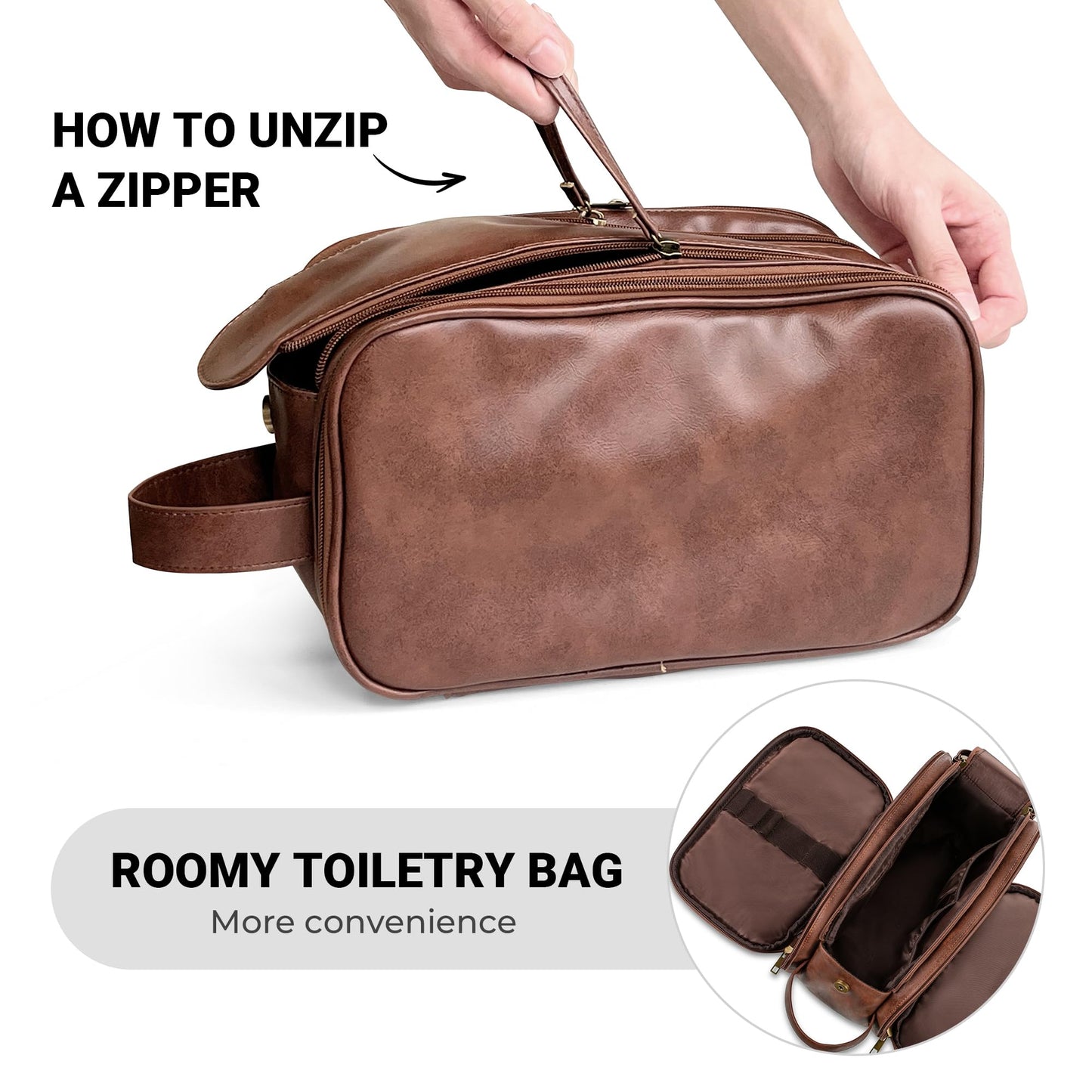 Elviros men's toiletry bag, PU leather waterproof travel large opening toiletry bag, suitable for travel, business trip, fitness, bathroom, dark brown, size: L