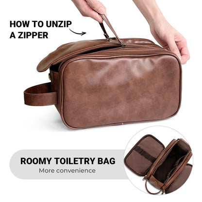 Elviros men's toiletry bag, PU leather waterproof travel large opening toiletry bag, suitable for travel, business trip, fitness, bathroom, dark brown, size: L