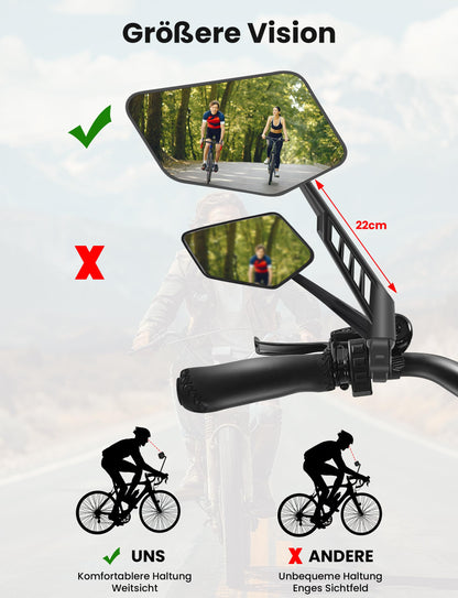 COICER bike mirror (right+left) with extra large mirror surface - 360° adjustable bike mirror for E-bike & E-scooter handlebars - rearview mirror compatible with all models (set right+left)