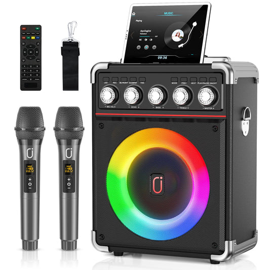 JYX Karaoke Machine with 2 wireless microphones, Portable karaoke system speaker with RGB light for house party. Supports TWS.