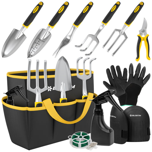 BLOSTM 11-Piece Gardening Tool Set - Durable garden tool set with waterproof garden tool bag, ergonomic handles, hand trowel garden - Gardening tool set for women and men.