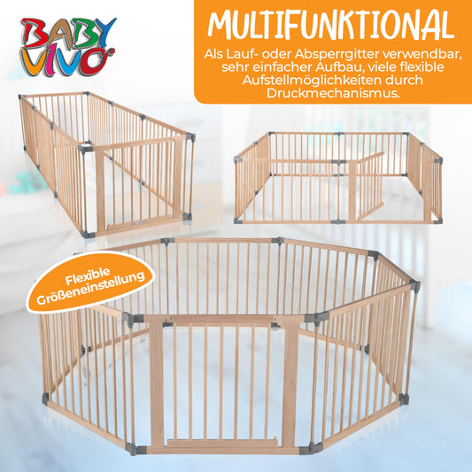 Baby Vivo XXL Playpen Play Yard Baby Safety Gate Crawling Fence Wooden with Door - adjustable - 8 elements PREMIUM Gray