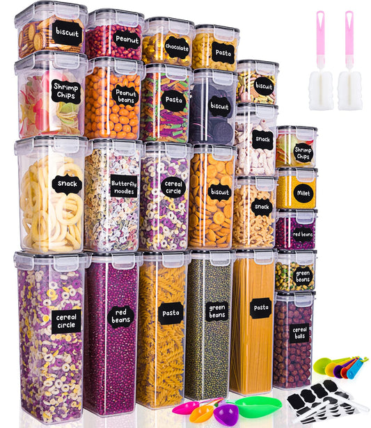 25-piece storage container set (9x0.8L + 6x1.4L + 5x2L + 5x2.8L) airtight containers with lids. Perfect for storing spaghetti, flour, cereal, and cornflakes in the kitchen. Great plastic organizers for keeping food fresh.