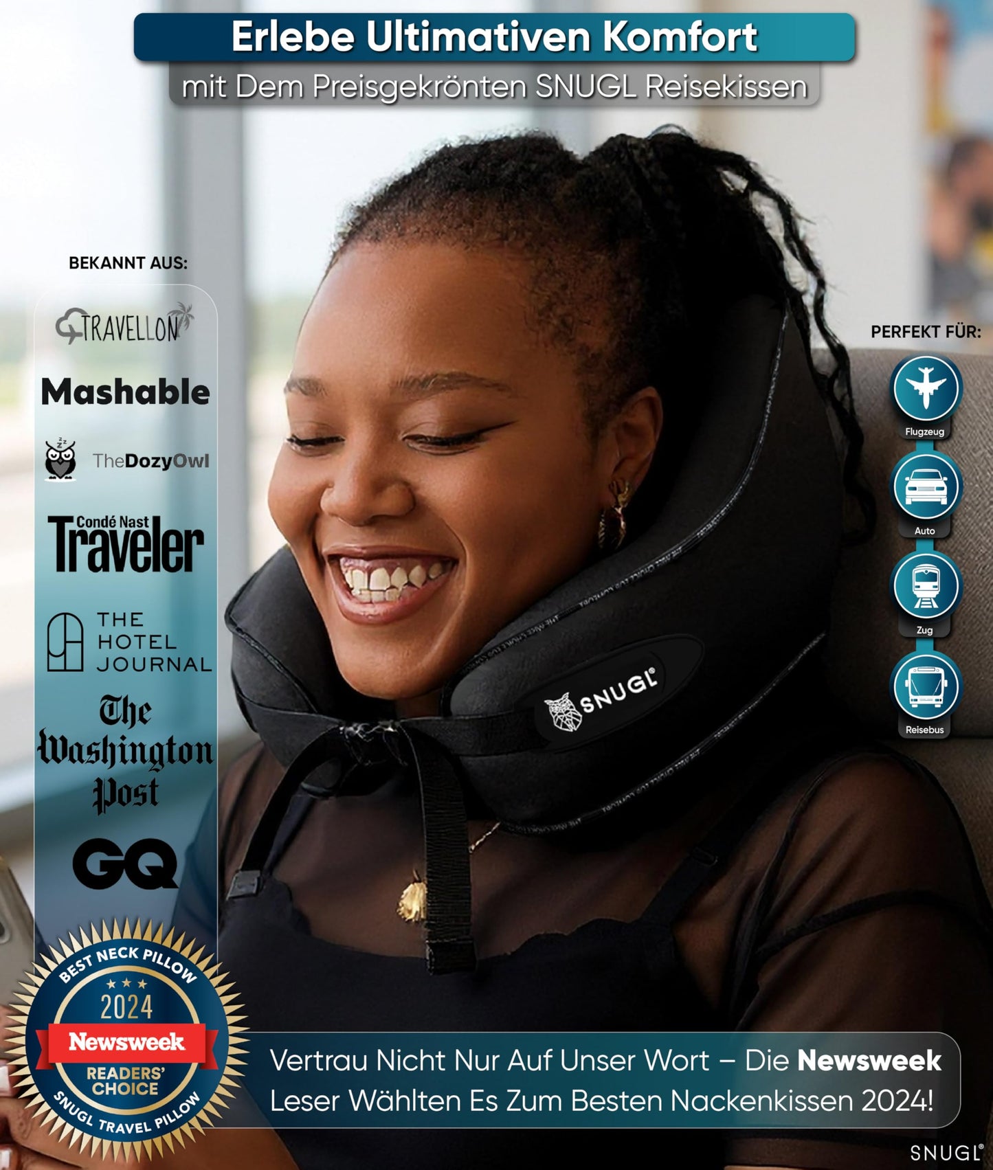 SNUGL Neck Pillow Memory Foam Washable & Adjustable | Cozy Neck Travel Pillow for Airplane, Car & On the Go | Travel Pillow Neck Cushion, Neck Travel Pillow (Black, Adult Small)