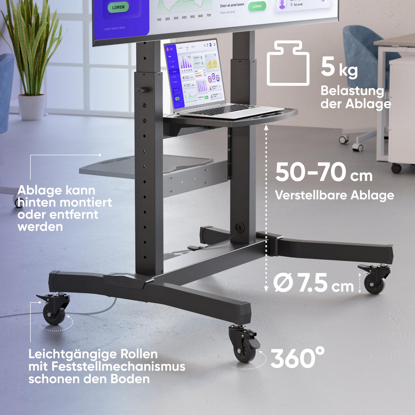 ONKRON TV Stand on Wheels for 50-100 inch TVs, maximum weight up to 130 kg, professional TV cart stand with adjustable height, max VESA 1000x600, tiltable TV stand with wheels in black TS1991-B