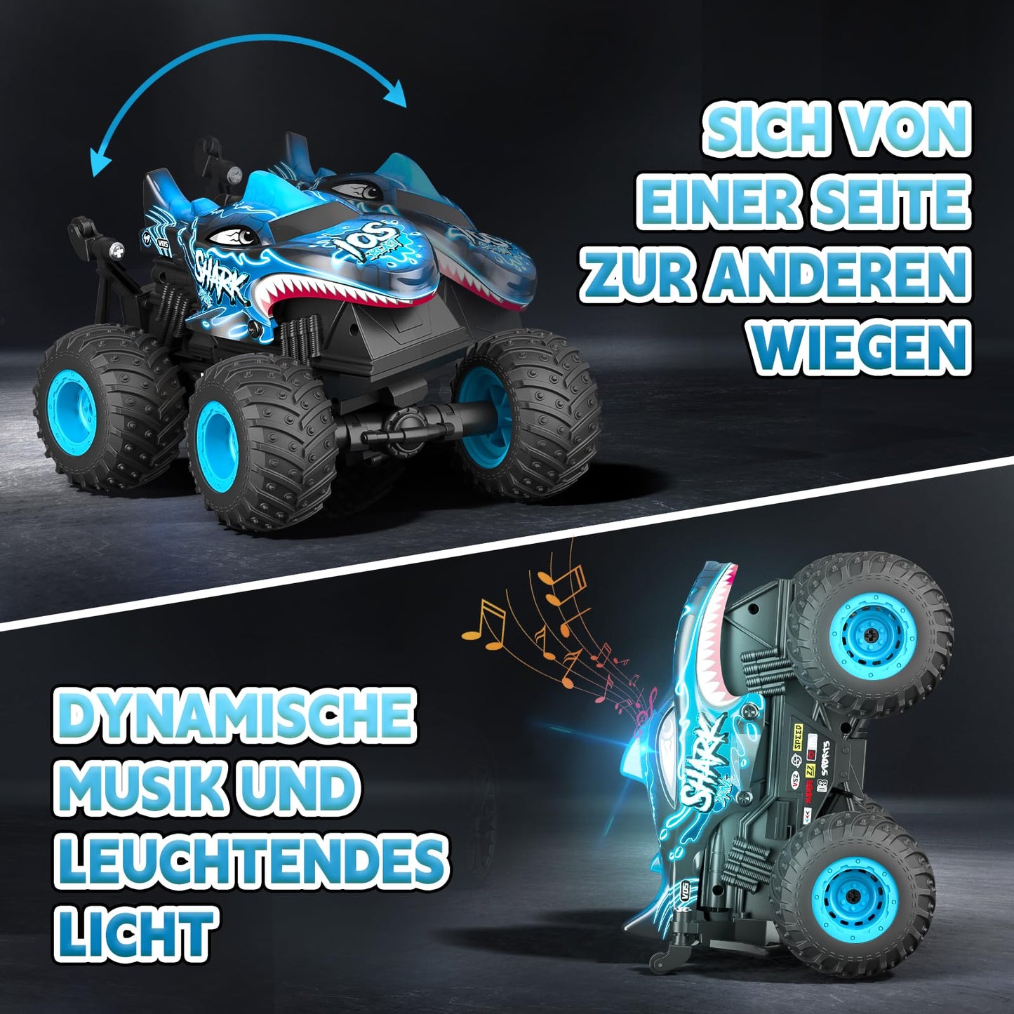 Sunrad Remote Control Car for ages 3-9, RC Monster Truck with 360° upright spin, LED lights and music, Rechargeable RC car toy and gift for kids.