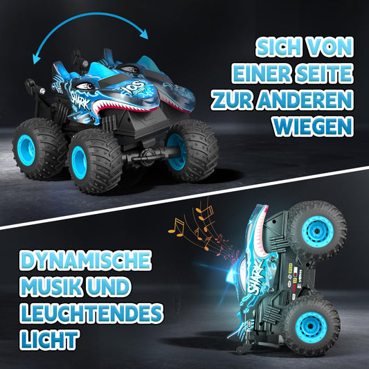 Sunrad Remote Control Car for ages 3-9, RC Monster Truck with 360° upright spin, LED lights and music, Rechargeable RC car toy and gift for kids.