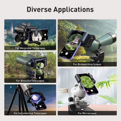 APEXEL Universal Phone Adapter with remote shutter update, 360° rotation Compatible with binoculars, monoculars, and microscopes, telescope adapter for all smartphones.