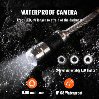 VEVOR 7" Professional Pipe Camera 20m Industrial Inspection Camera 1000TVL Endoscope Drain Camera 16GB SD Card IP68 Waterproof 480P Color Monitor DVR 4500mAh Lithium Battery 6 Hours Continuous Operation with Carrying Case.