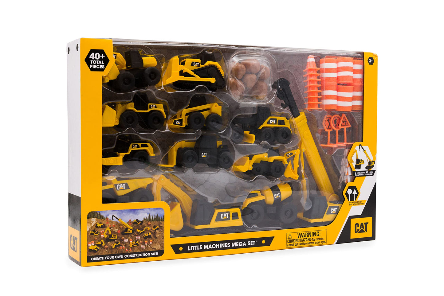 CAT® Construction Little Machines Mega Set I With 40 pieces I Includes vehicles, a crane, traffic signs, cones, blocks, and cylinders I For kids aged 3 years and up.