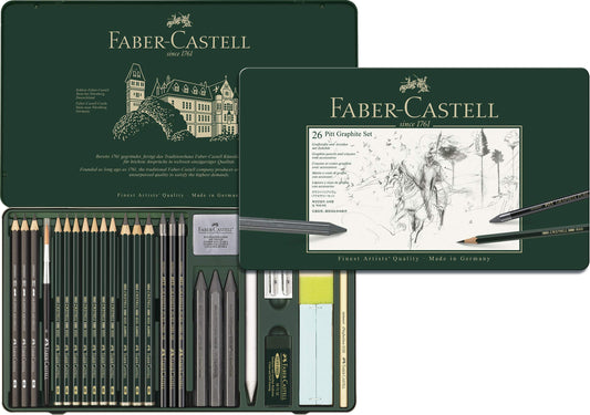 Faber-Castell - Pitt Graphite Set in metal case, large, 26 + 3 pieces (includes eraser pencil with brush, paper smudger, and lead sharpener block)