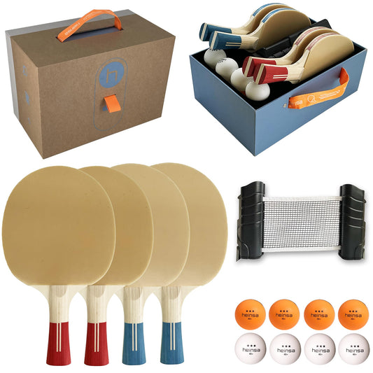 The Heinsa table tennis racket box comes with 4 rackets in blue and red, 8 table tennis balls, 1 net, and an innovative carrying case for families!