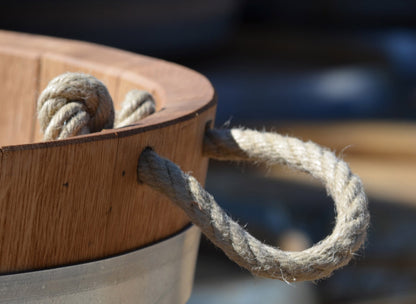 Wooden barrel used as a plant pot, wine barrel halved and oiled (D70 cm) (with handle loops and drainage holes)