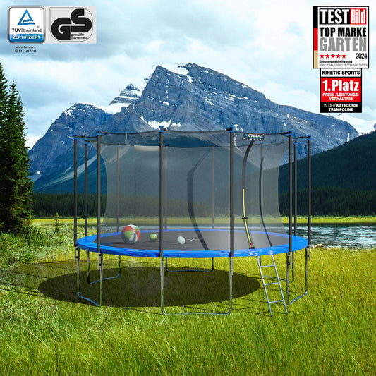 KINETIC SPORTS Trampoline Outdoor 'Salto Plus' Ø 183/244/305/366/400/430/490 cm - Complete Set for Kids, USA Jumping Mat, Net, Padding, Ladder - up to 160kg.