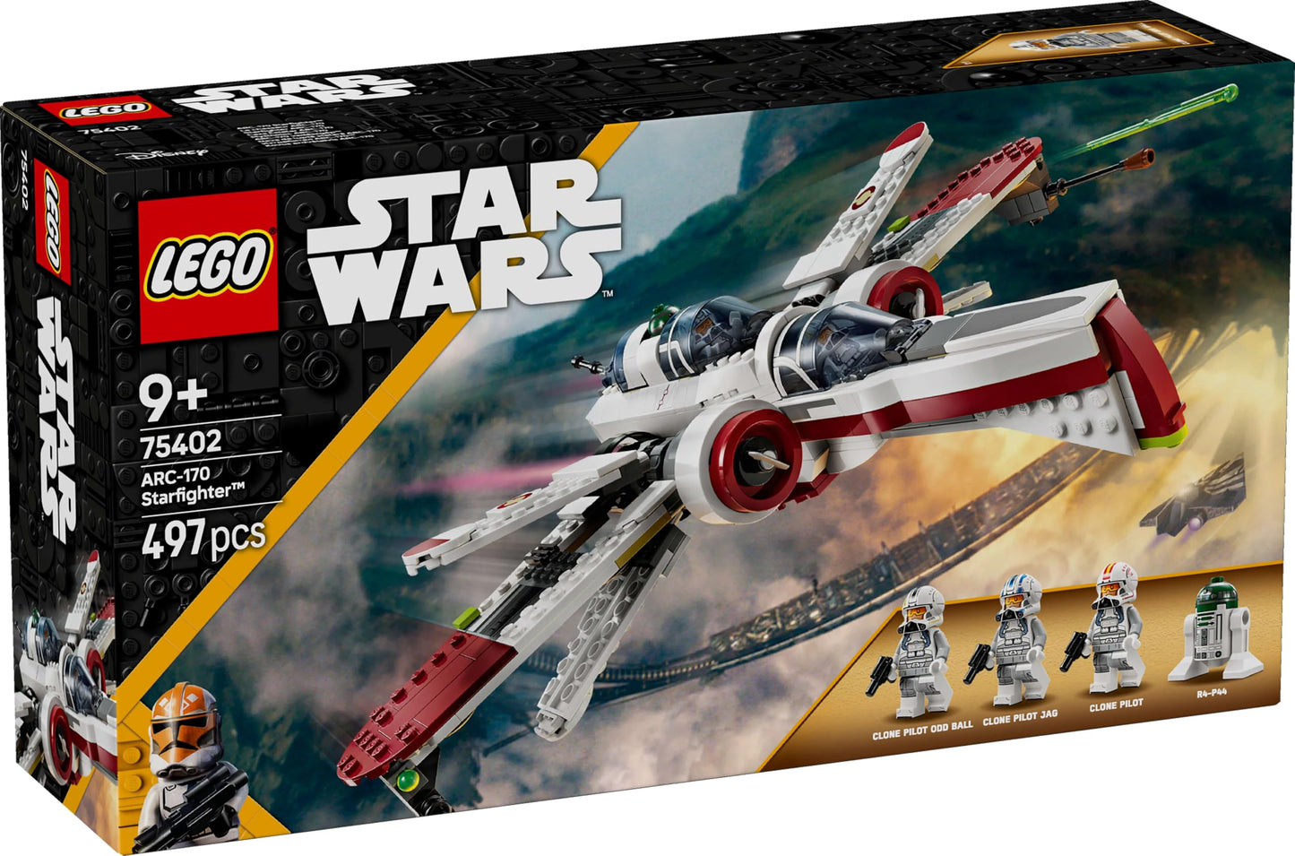 LEGO Star Wars 75402 ARC-170 Starfighter toy comes with 4 minifigures including Clone Pilot and R4-P44 Droid. A collector's item and a perfect gift for fans of Revenge of the Sith, suitable for boys and girls aged 9 and above.